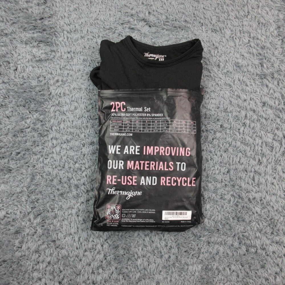 Thermajane Thermal Base Layer Set Womens XXS Black Fleece Crew Neck NWT